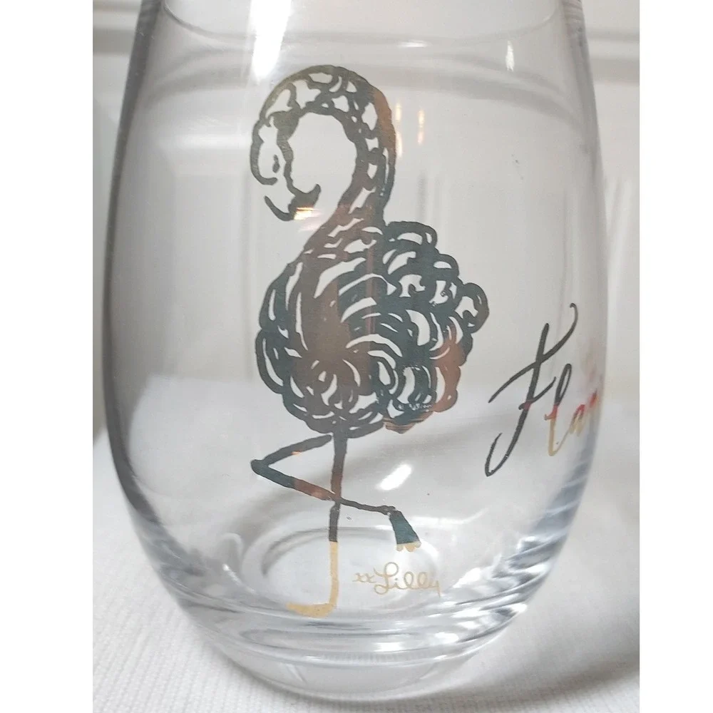 Lilly‎ Pulitzer Stemless Wine Glass Clear Gold Flamingo Flamingle Barware 4.5in